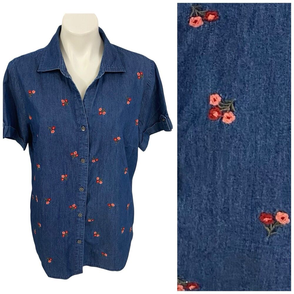 Karen Scott Shirt Womens Large Short Sleeve Top Embroidered Floral Chambray Vtg - Picture 4 of 16